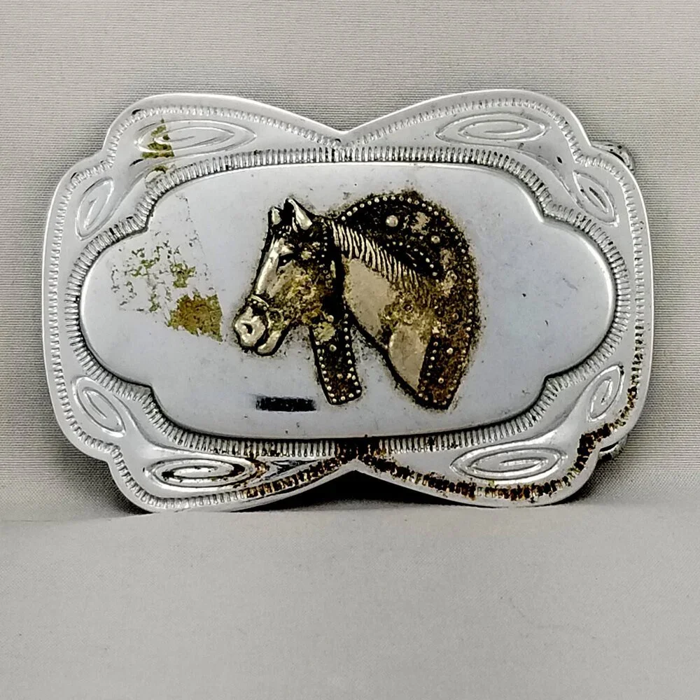 Vintage Belt Buckle Western Horseshoe Over Horse Head‎ Cowboy Cowgirl Filigree
